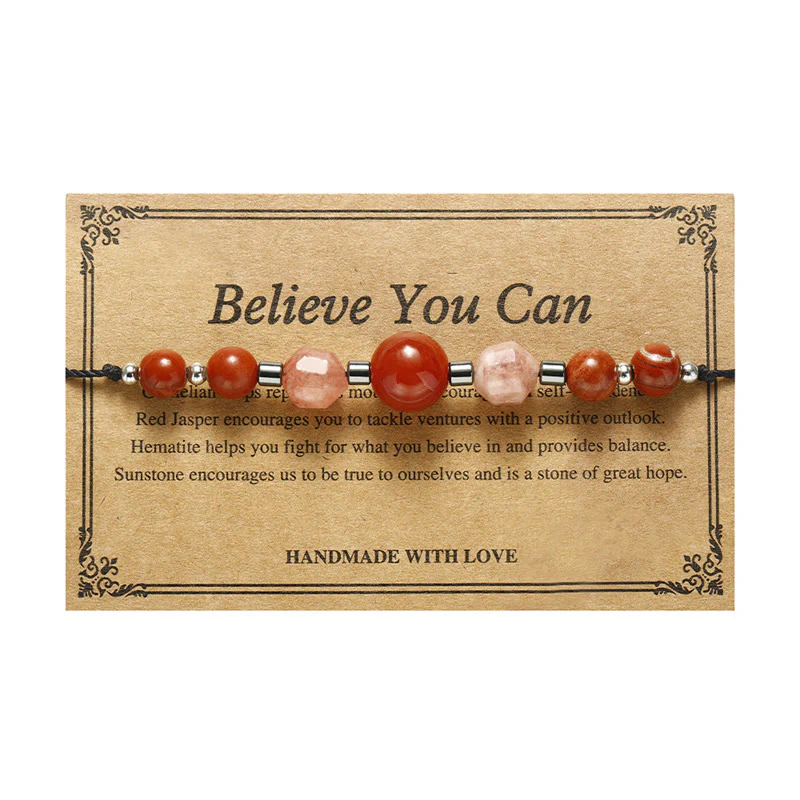 Buddha Stones Believe You Can Carnelian Red Jasper Hematite Sun Stone Positive Bracelet