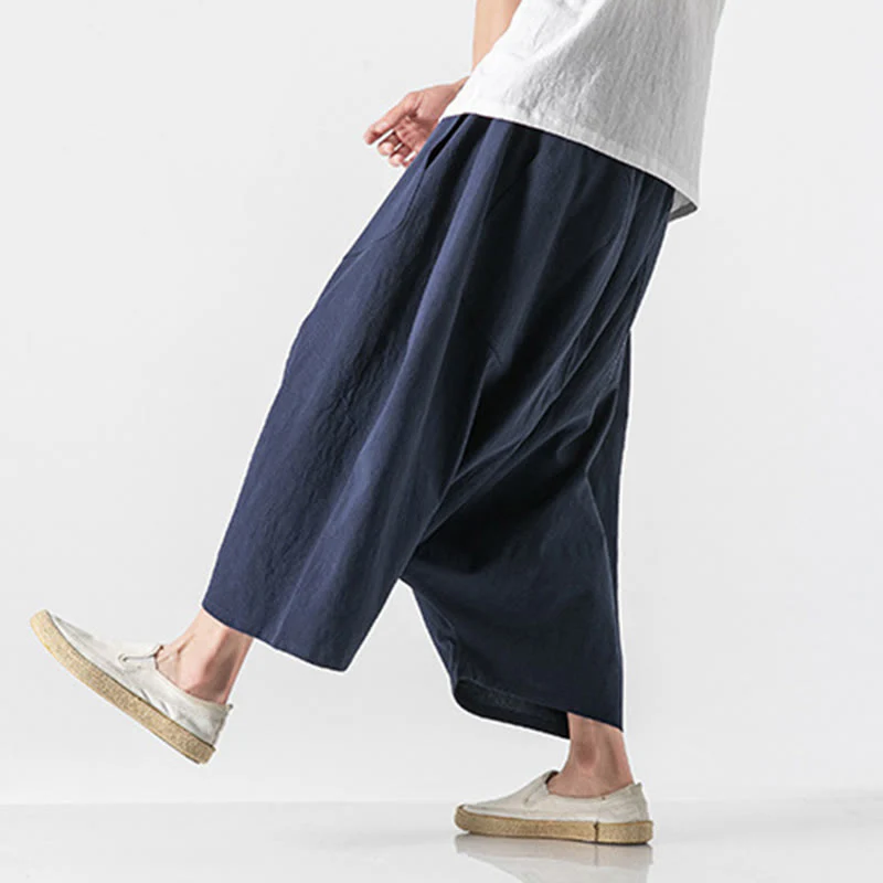 Buddha Stones Casual Low Crotch Design Drawstring Men's 7-8 Length Cotton Linen Wide Leg Pants With Pockets