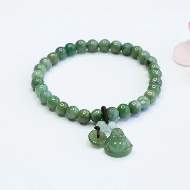 Buddha Stones Laughing Buddha Cyan Jade Healing Bracelet