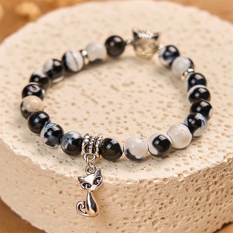 Buddha Stones Black and White Cat Fire Agate Bead Love Bracelet