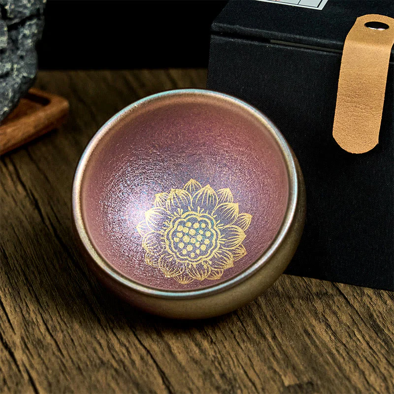 Buddha Stones Handmade Chinese Jianzhan Golden Lotus Flower Ceramic Teacup Kung Fu Tea Cup 150ml
