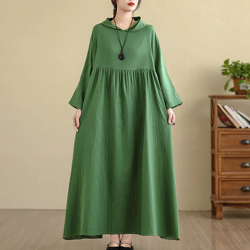 Buddha Stones Fall Hoodie Design Long Sleeve Cotton Linen Midi Dress With Pockets