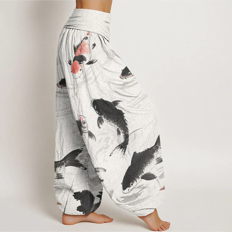Buddha Stones Casual Koi Fish Pattern Women's Elastic Waist Harem Pants