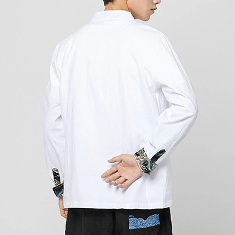 Buddha Stones Men's Frog-Button Dragon Pattern Cuffs Cotton Long Sleeve Shirt