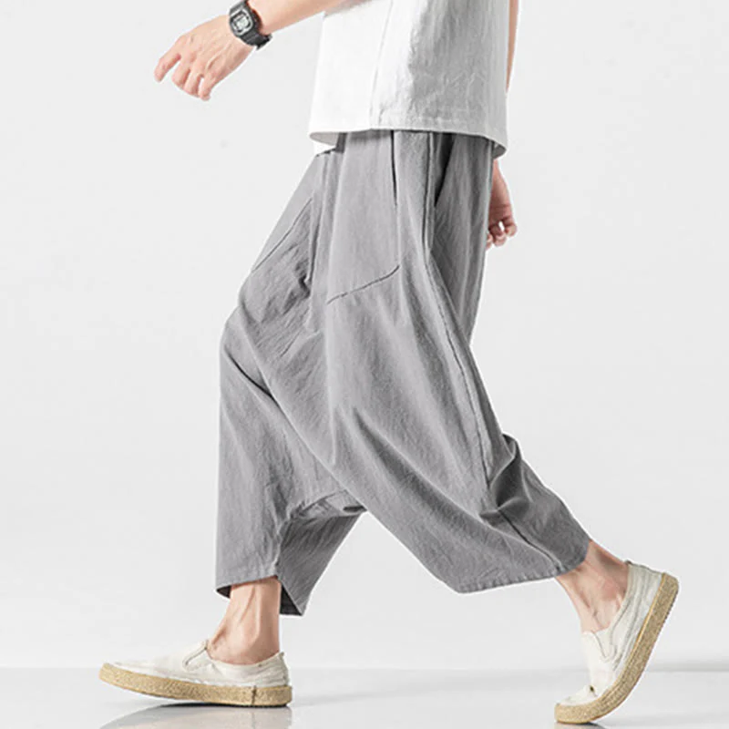 Buddha Stones Casual Low Crotch Design Drawstring Men's 7-8 Length Cotton Linen Wide Leg Pants With Pockets