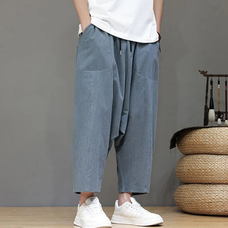 Buddha Stones Casual Plain Low Crotch Design Drawstring Men's Cotton Elastic Waistband Wide Leg Pants With Pockets