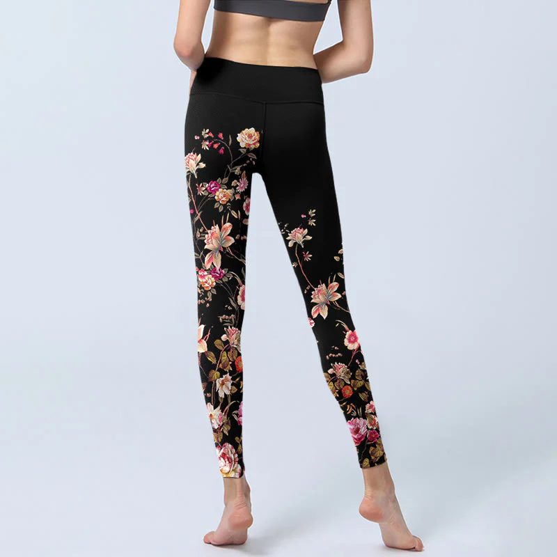 Buddha Stones Pink Roses Beige Flowers Print Gym Fitness Leggings Women's Yoga Pants