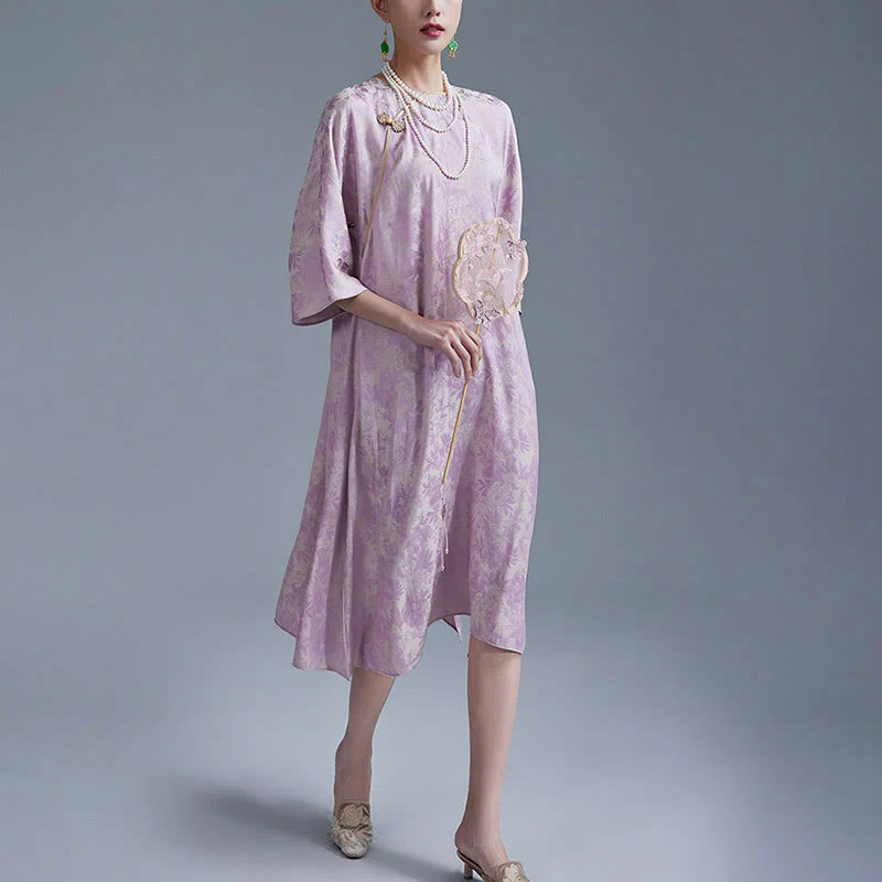 Buddha Stones Small Flower Leaf Jacquard Chinese Cheongsam Qipao Midi Dress With Pockets