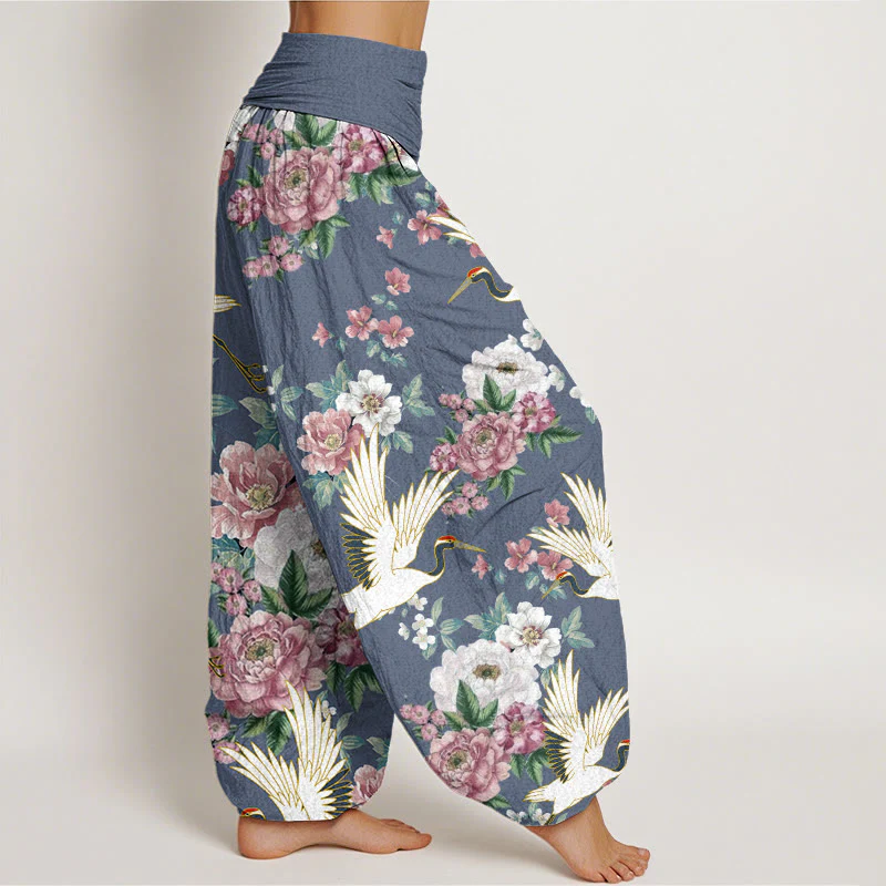 Buddha Stones Casual Cranes Blooming Peony Pattern Women's Elastic Waist Harem Pants