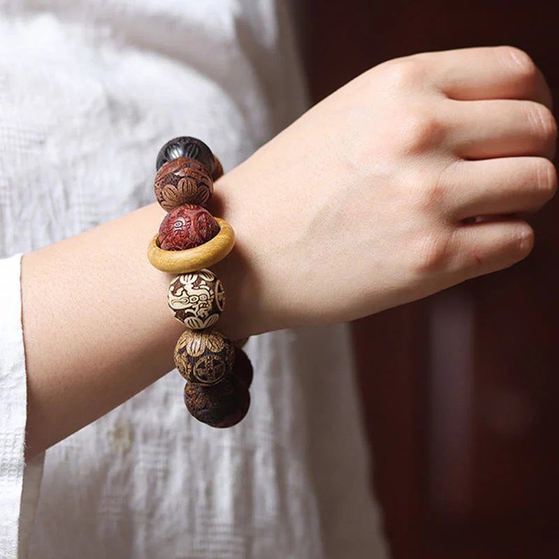 Buddha Stones Carving Sandalwood Chinese Zodiac Auspicious Dragon Phoenix Fu Character Healing Bracelet