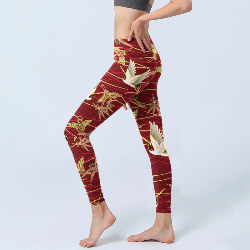 Buddha Stones Flying Cranes Slender Branches Print Gym Leggings Women's Yoga Pants