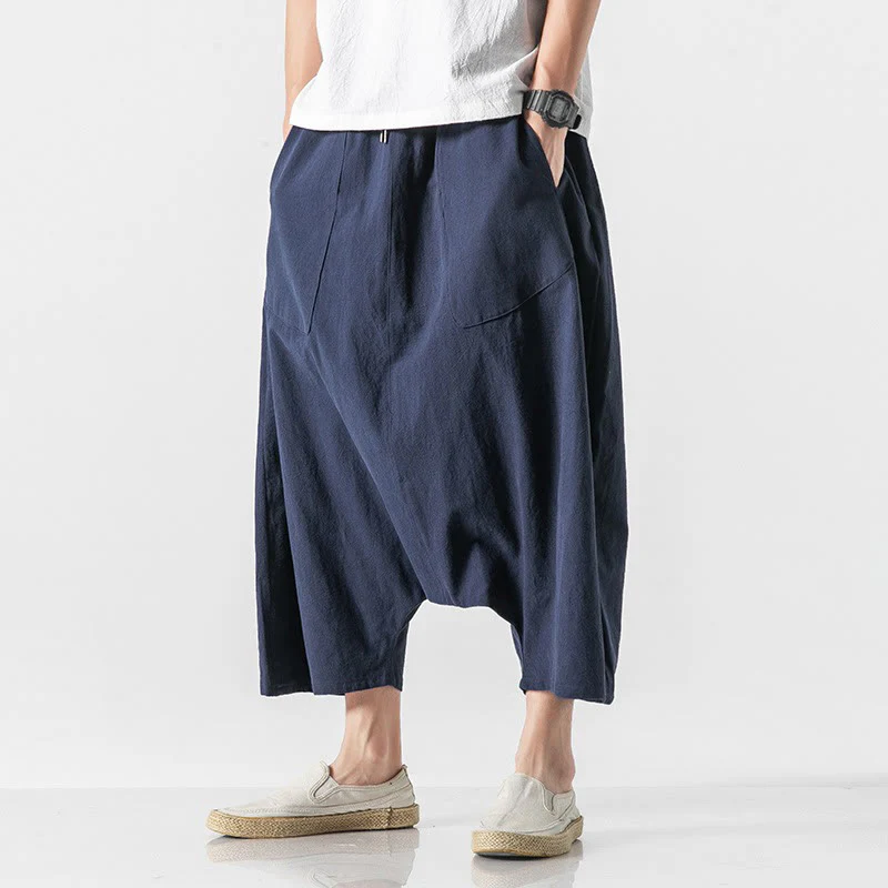 Buddha Stones Casual Low Crotch Design Drawstring Men's 7-8 Length Cotton Linen Wide Leg Pants With Pockets