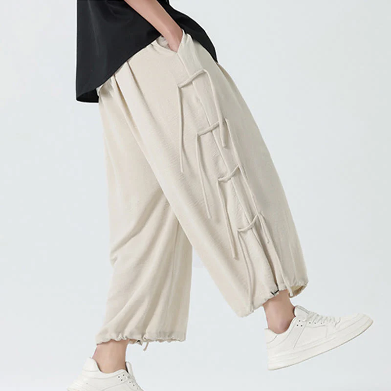 Buddha Stones Casual Loose Lanyard Design Waist Rope Men's 7-8 Length Spandex Pants With Pockets