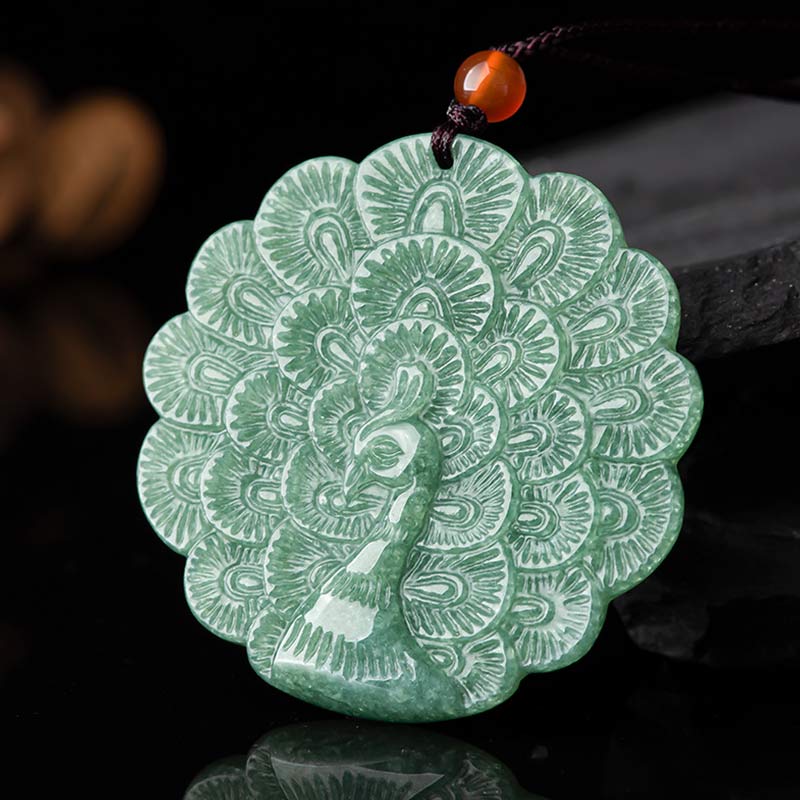 Buddha Stones Natural Jade Peacock Luck Prosperity Necklace Pendant