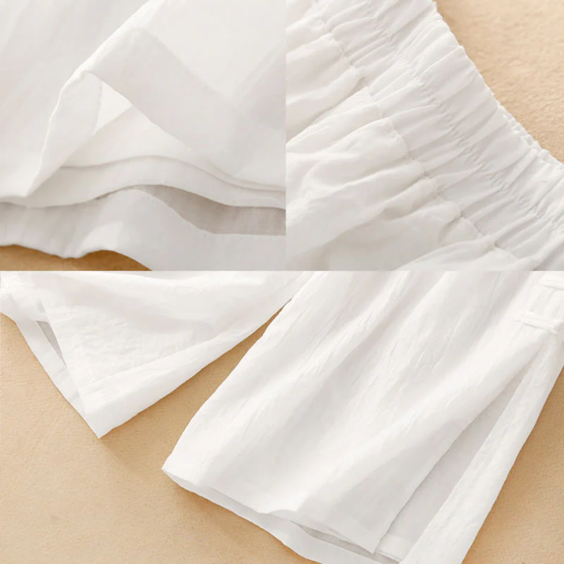 Buddha Stones Frog-Button Hem Slit Design Women's Wide Leg Cotton Linen Pants With Pockets