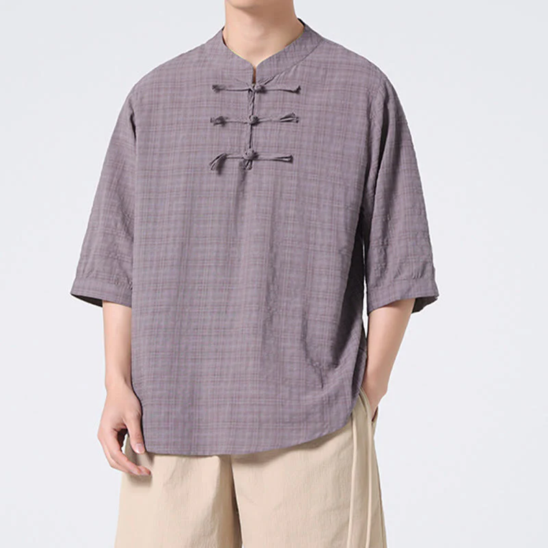 Buddha Stones Frog-Button Plaid Pattern Chinese Tang Suit Half Sleeve Shirt Cotton Linen Men Clothing