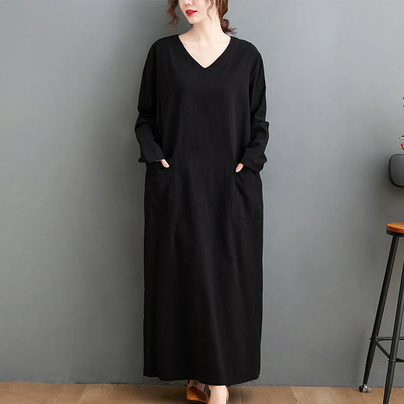 Buddha Stones Fall Casual Simple Design Long Sleeve Cotton Linen Maxi Dress With Pockets