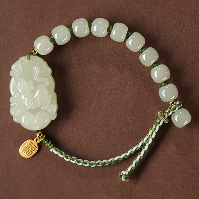 Buddha Stones 925 Sterling Silver Chinese Zodiac Hetian Jade Happiness Luck String Bracelet