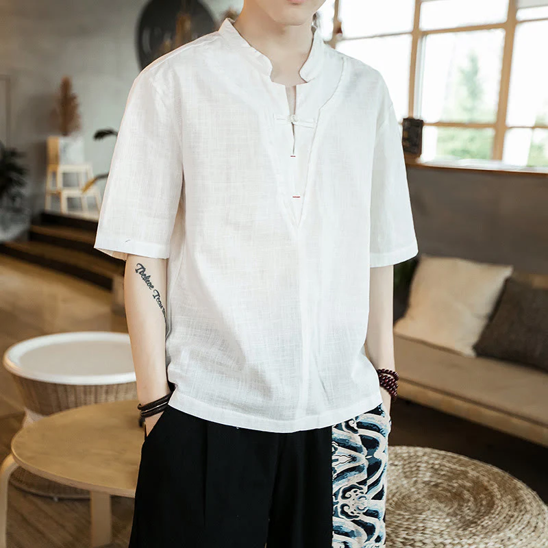 Buddha Stones Summer Plain Color Frog-Button Notched Neck Men's Half Sleeve Cotton Shirt