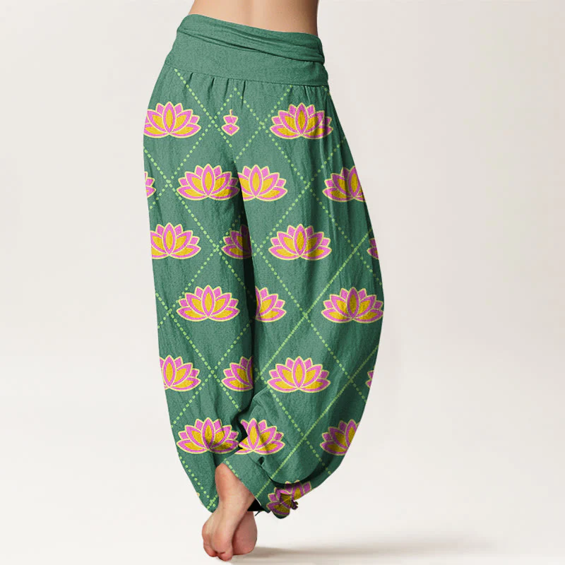 Buddha Stones Casual Vibrant Lotus Flower Pattern Women's Elastic Waist Harem Pants