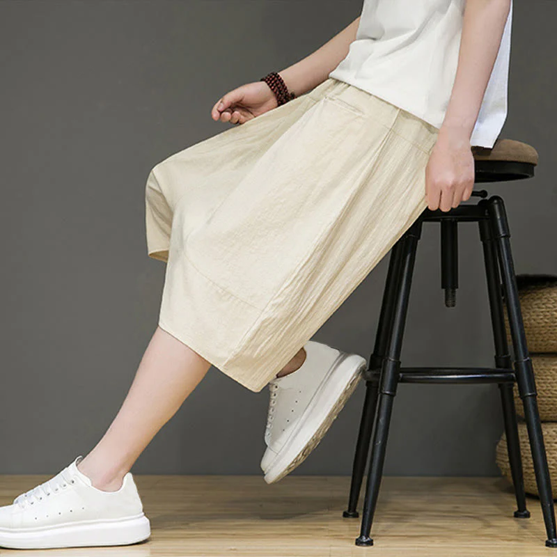 Buddha Stones Casual Drawstring Cotton Linen Men's Capri Harem Pants With Pockets