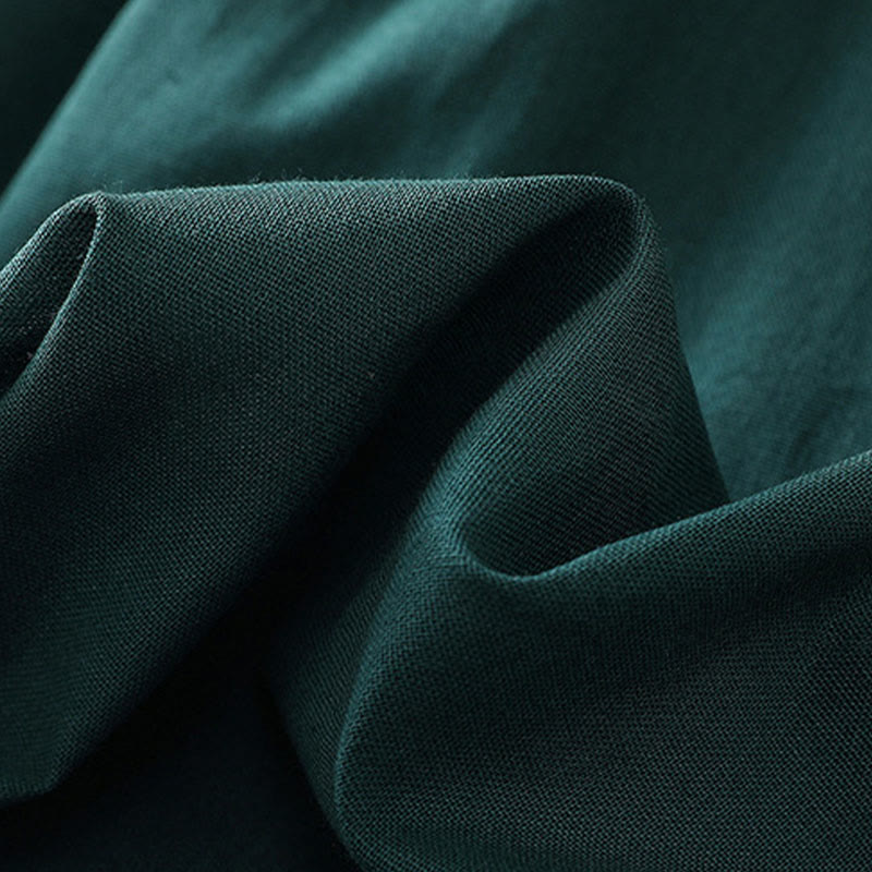 Buddha Stones DarkGreen Plain Ruffled Crew Neck Buttons Design Cotton Midi Dress With Pockets