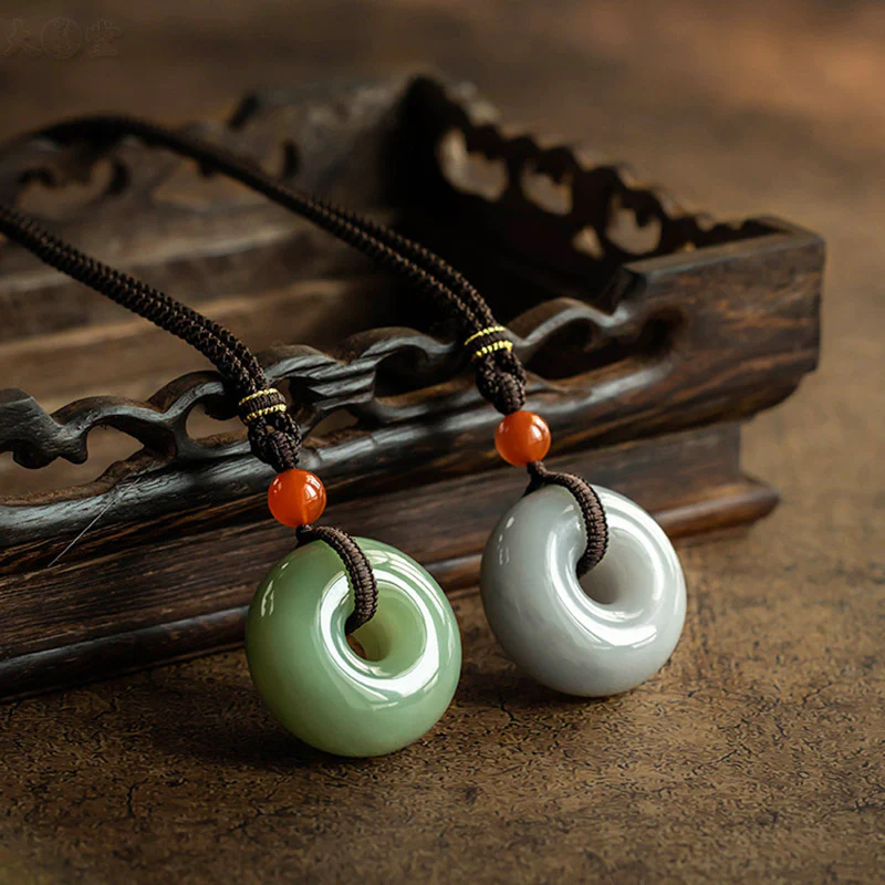 Buddha Stones Natural Round Jade Gray Jade Peace Buckle Luck Necklace Pendant