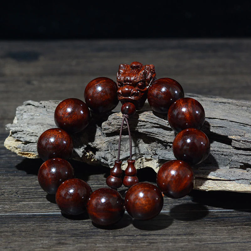 Buddha Stones Rosewood Green Sandalwood Small Leaf Red Sandalwood Dragon Carved Protection Bracelet