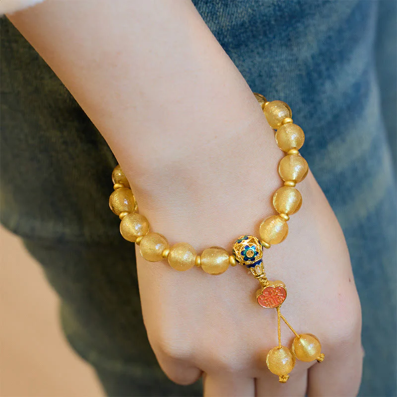 Buddha Stones Gold Foil Liuli Glass Bead Ruyi Golden Ingot Fortune Bracelet