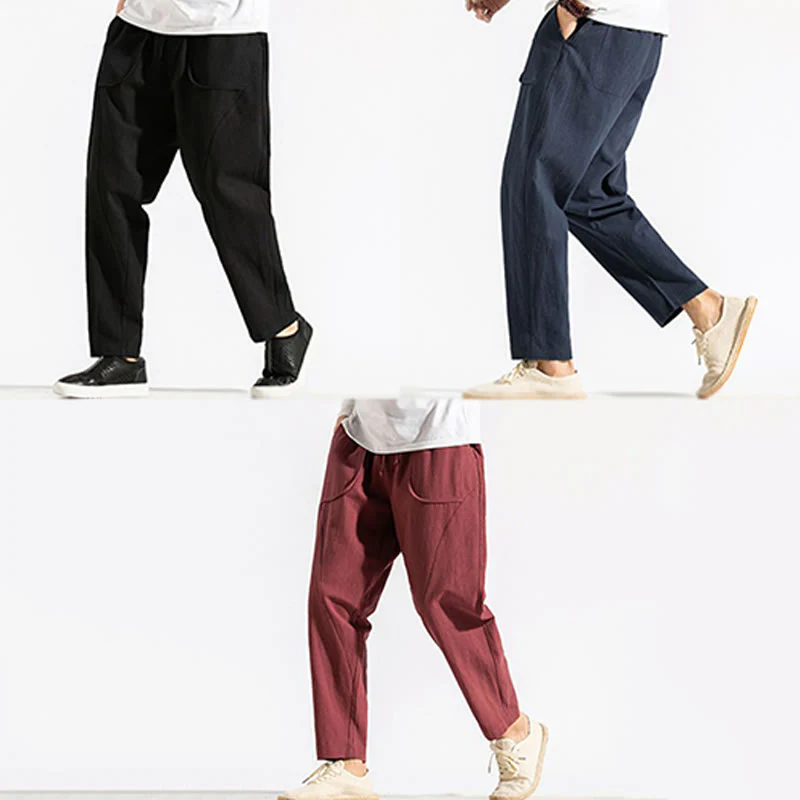 Buddha Stones Retro Casual Drawstring Design Men's Harem Cotton Plain Pants With Pockets