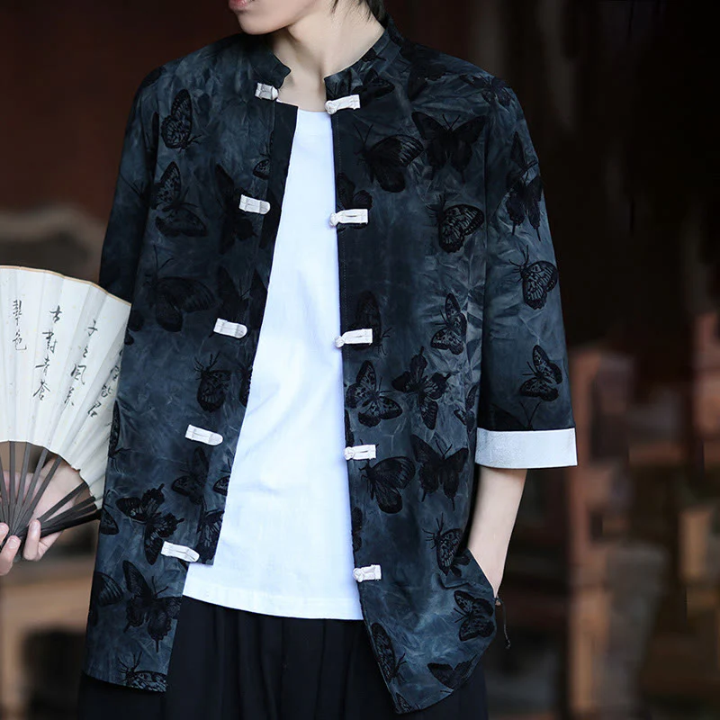 Buddha Stones Jacquard Butterfly Pattern White Frog-Button Design Stand Collar Men's Three Quarter Sleeve Cotton Shirt Cardigan