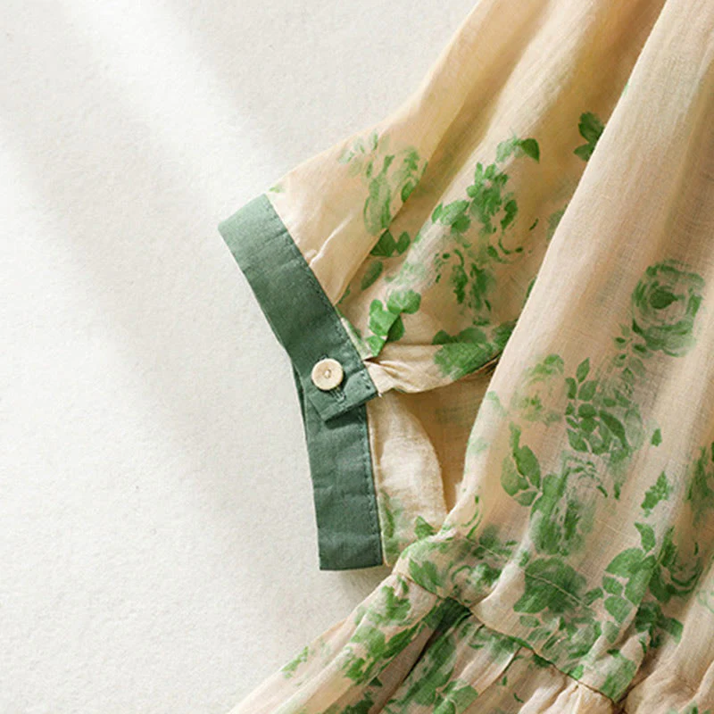 Buddha Stones Retro Printing Buttons Design Drawstring High Waist Cotton Midi Dress With Pockets