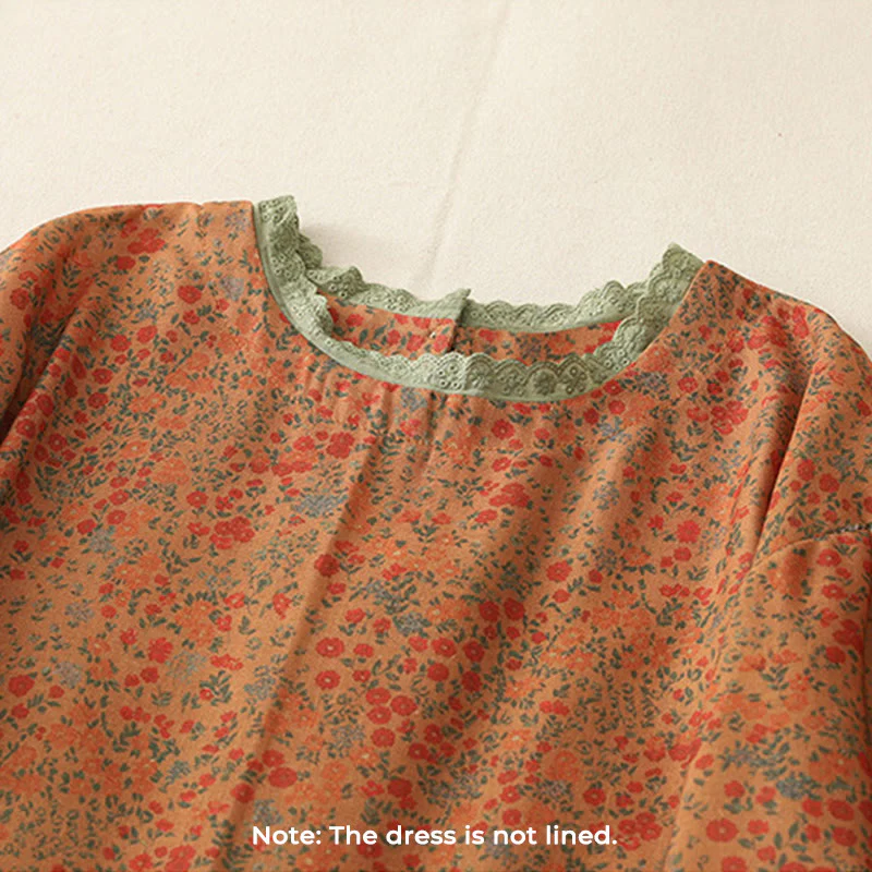 Buddha Stones Casual Floral Lace Crew Neck Balloon Long Sleeve Cotton Linen Midi Dress With Pockets