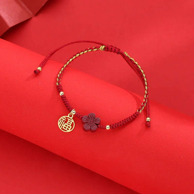 Buddha Stones Cinnabar Flower Fu Character Blessing Braided String Bracelet