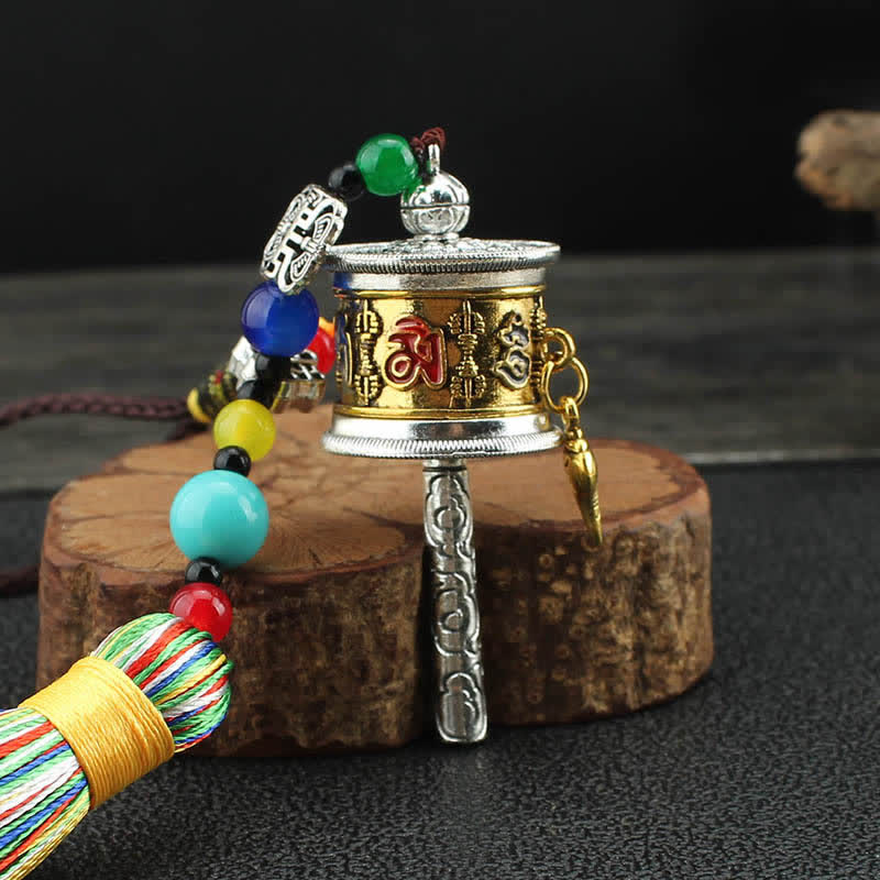 Buddha Stones Tibet Om Mani Padme Hum Prayer Wheel Tassel Bag Car Hanging Decoration