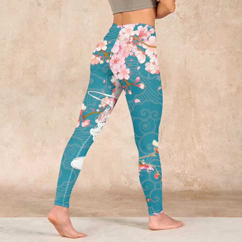 Buddha Stones Dragon Cherry Blossoms Print Gym Leggings Women's Yoga Pants