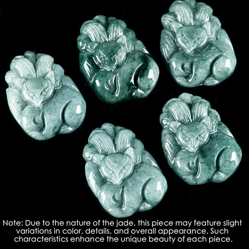 Buddha Stones Natural Green Jade Nine Tailed Fox Engraved Prosperity Necklace Pendant