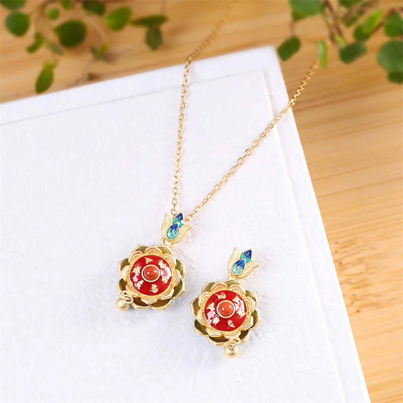 Buddha Stones 925 Sterling Silver Tibet Lotus Prayer Wheel Red Agate Enlightenment Necklace Pendant