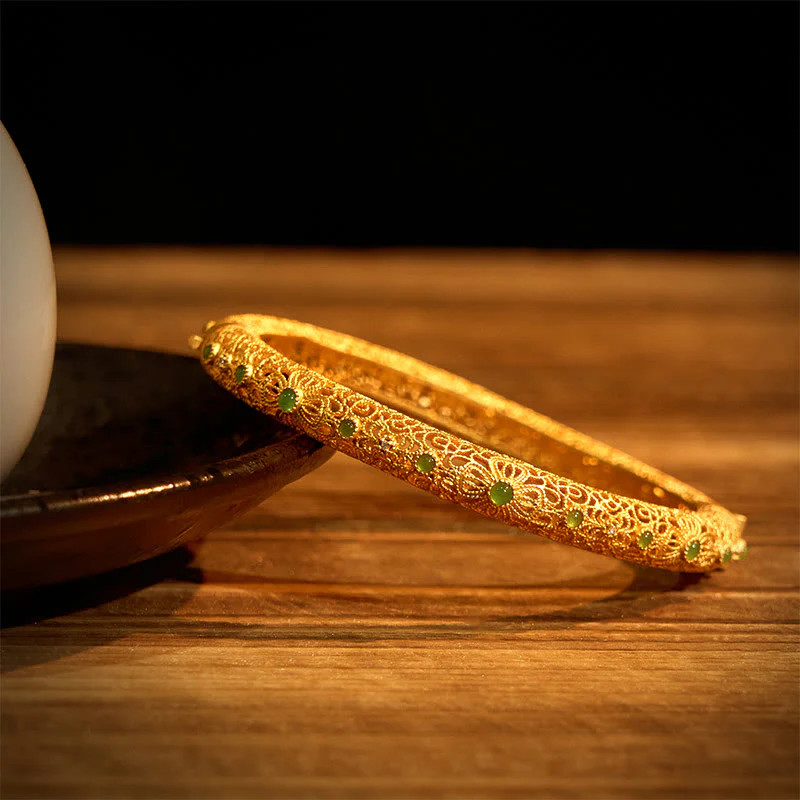 Buddha Stones Hollow Filigree Design Copper Plated Gold Wealth Bracelet Bangle