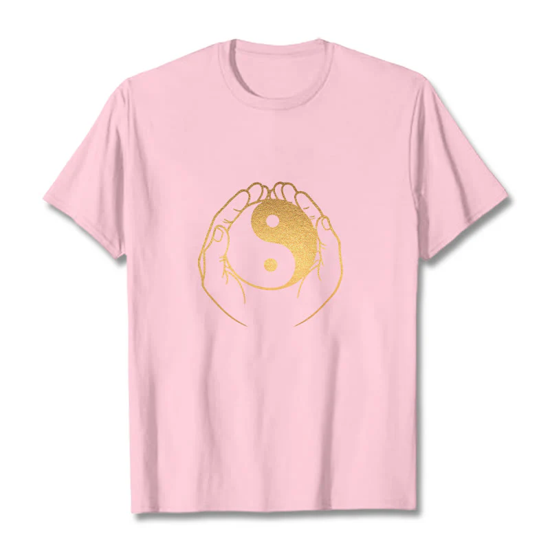Buddha Stones Hands Holding A Golden Yin Yang Tee T-shirt