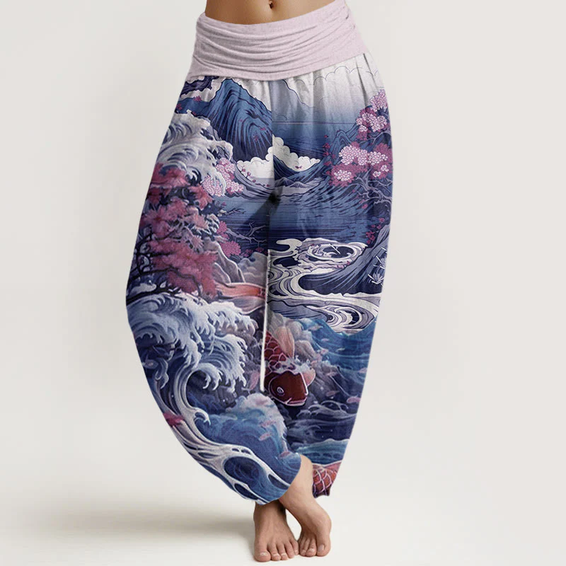Buddha Stones Casual Blossoming Tree Koi Fish Wave Mountain Pattern Women's Elastic Waist Harem Pants