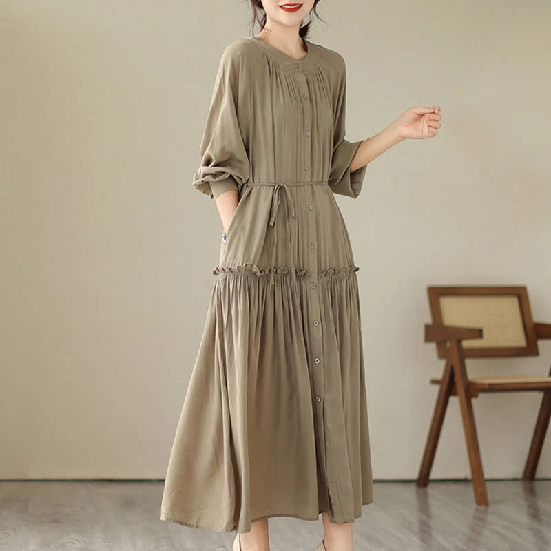 Buddha Stones Casual Plain Crew Neck Pleated Polyester Midi Dress With Pockets