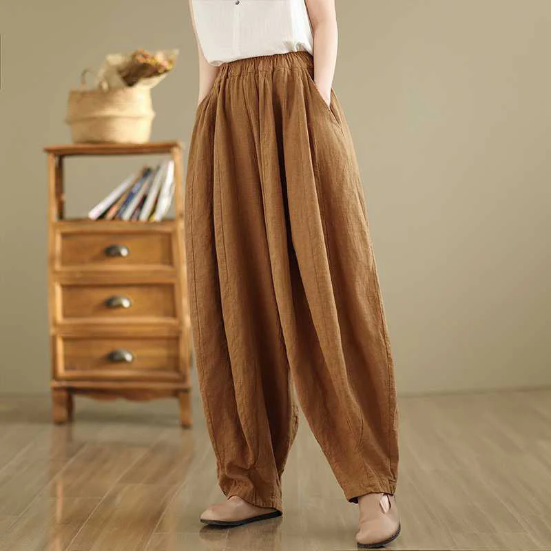 Buddha Stones Spring Casual Simple Design Women's Cotton Linen Harem Pants With Pockets
