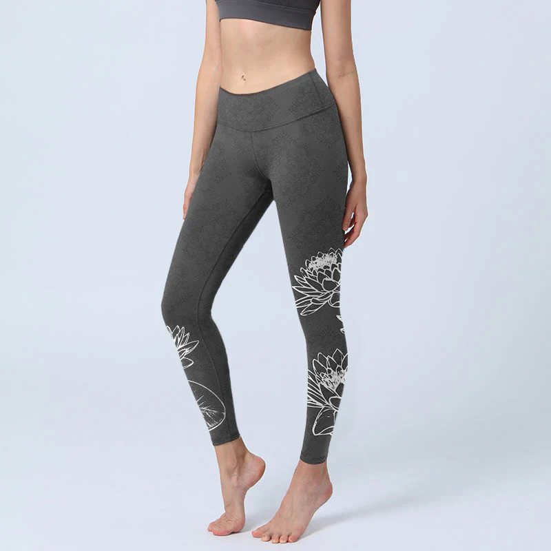 Buddha Stones White Sketch Lotus Flowers Leaves Print Gym Leggings Women's Yoga Pants