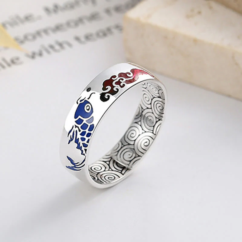 Buddha Stones 925 Sterling Silver Lucky Koi Fish Auspicious Clouds Wealth Ring