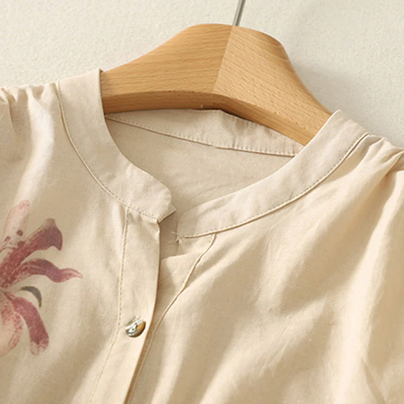 Buddha Stones Casual Daily Printing Lily Pattern Half Puff Sleeve Women's Cotton Linen Shirt