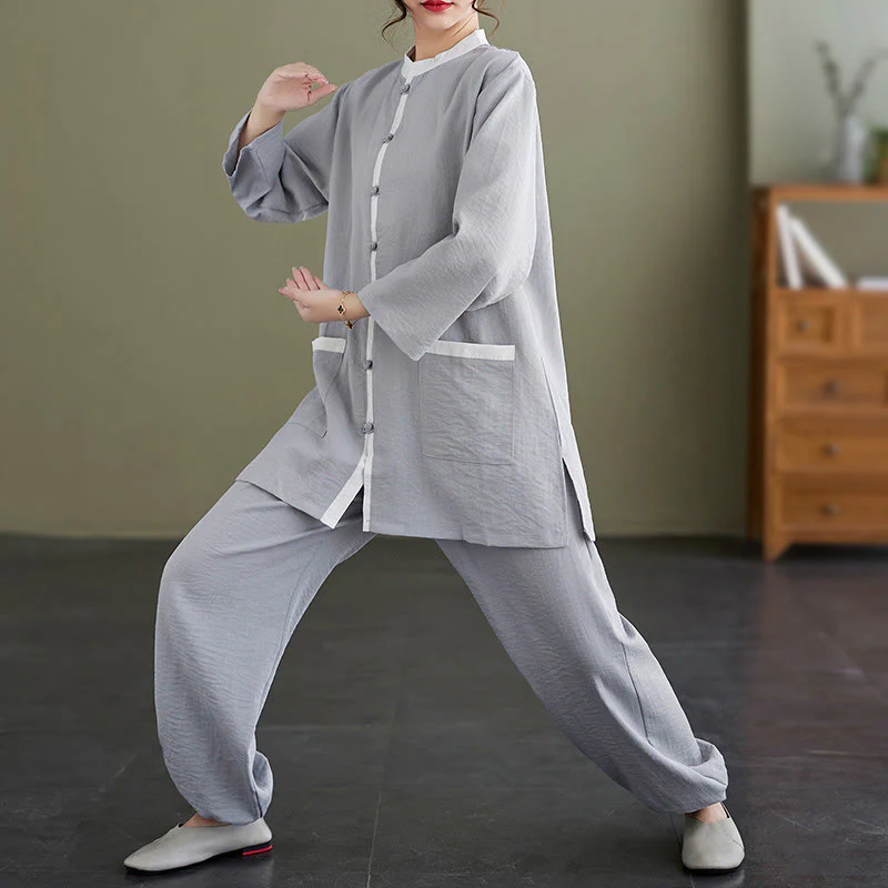 Buddha Stones 2pcs Cotton Tai Chi Shirt Top Pants Meditation Zen Clothing Women's Set