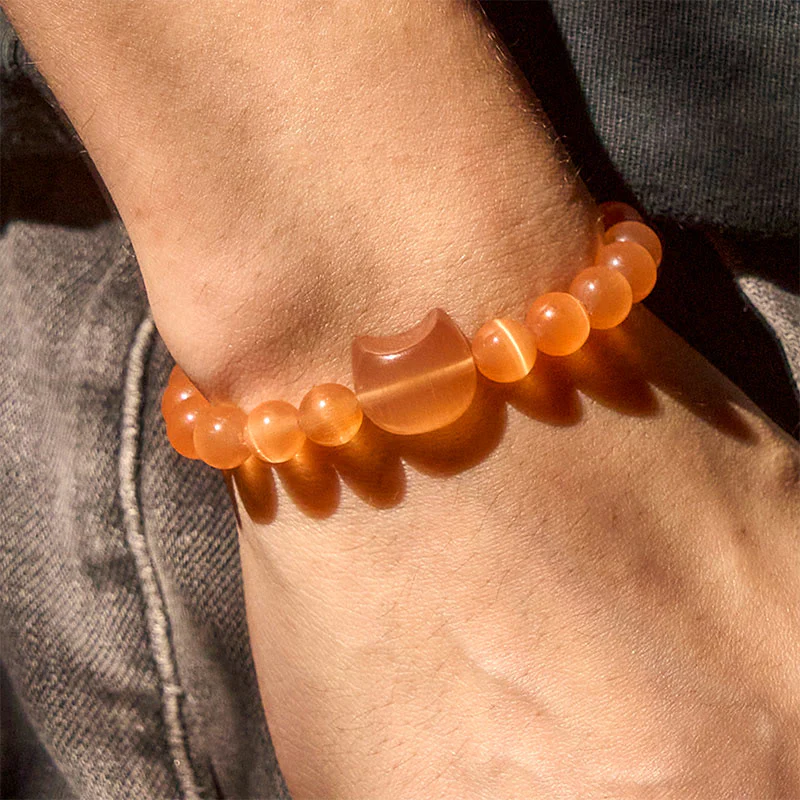 Buddha Stones Lovely Cat Head Pink Cat's Eye White Cat's Eye Spiritual Beads Bracelet