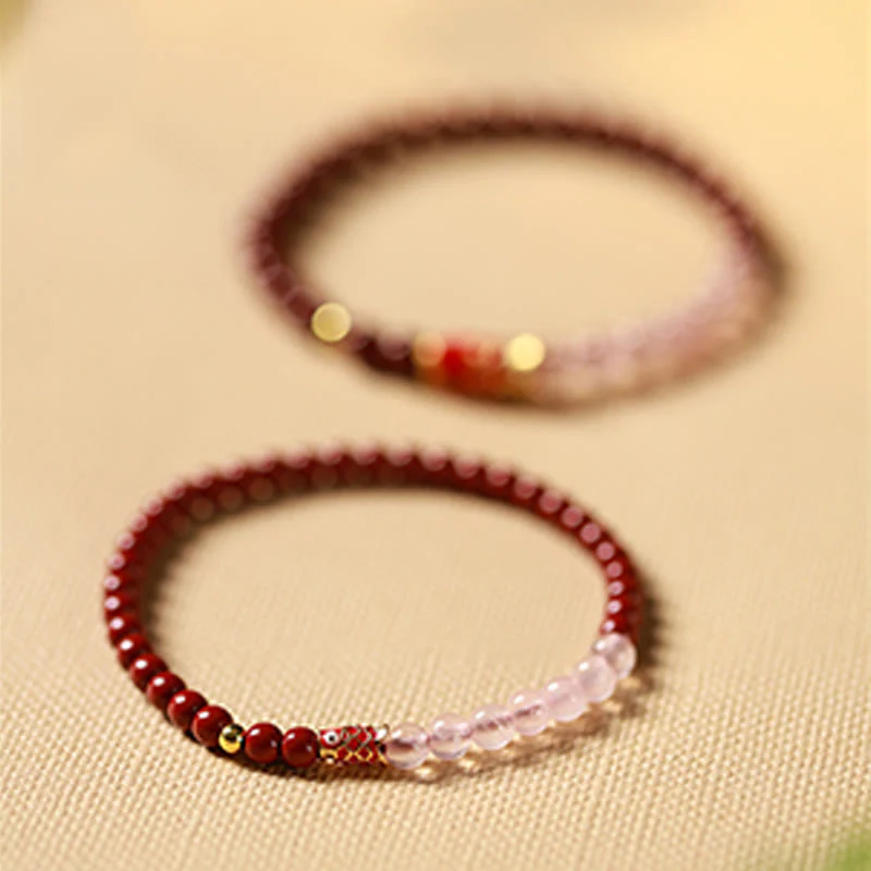 Buddha Stones Natural Cinnabar Pink Crystal Strawberry Quartz Lucky Koi Fish Blessing Bracelet