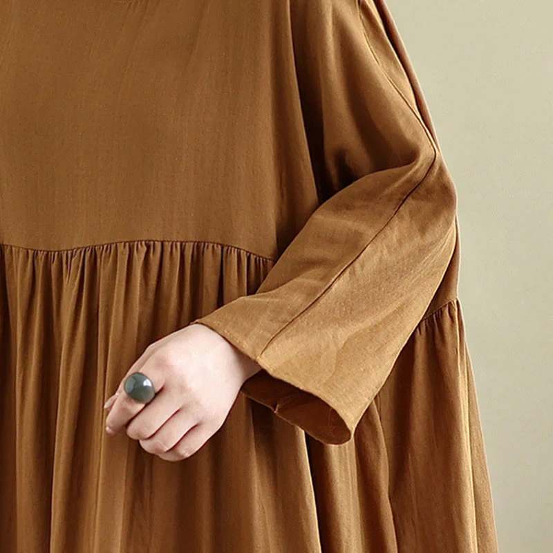 Buddha Stones Fall Hoodie Design Long Sleeve Cotton Linen Midi Dress With Pockets